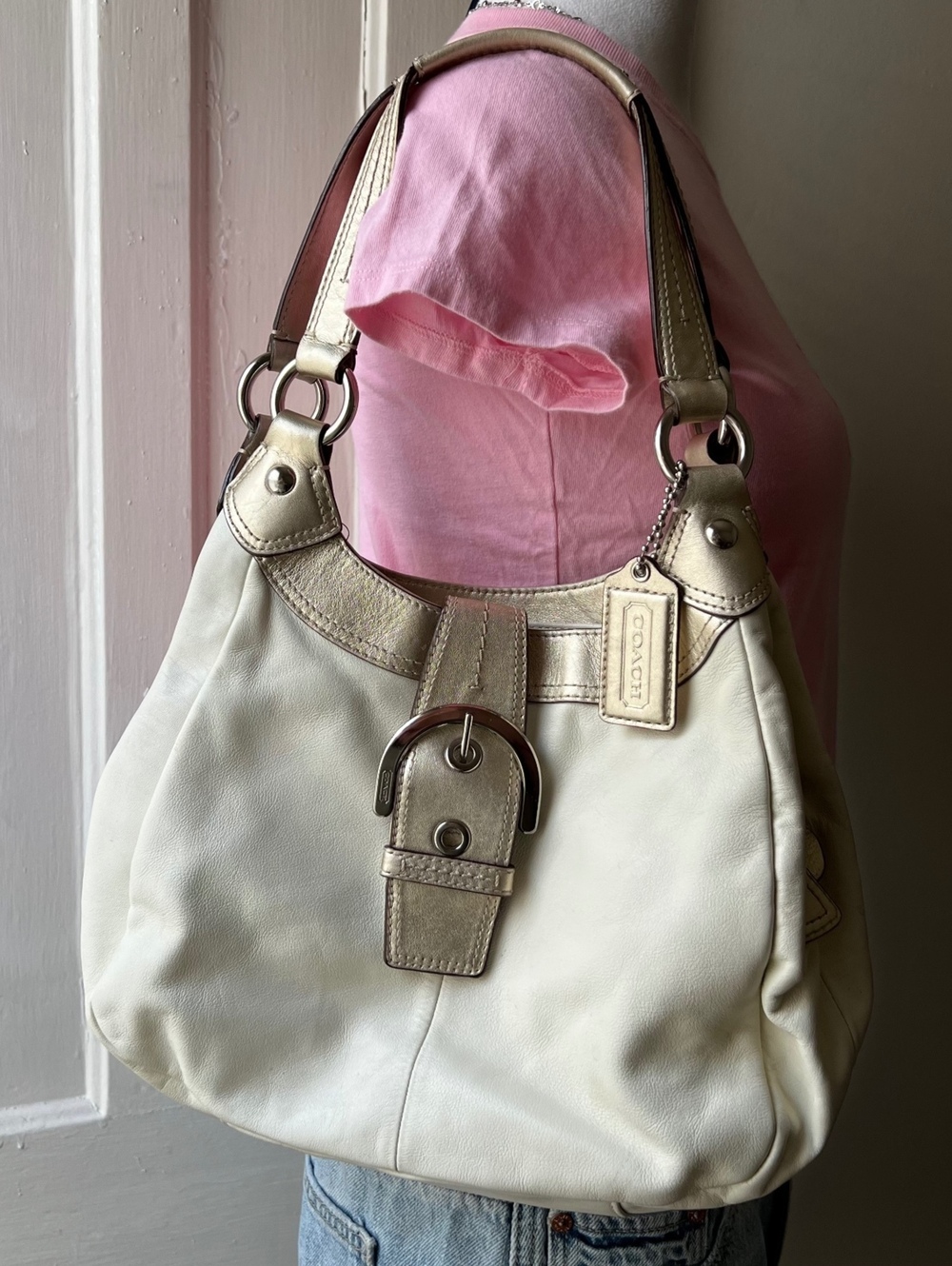 y2k vintage coach leather hobo bag cream white purple streetwear grunge